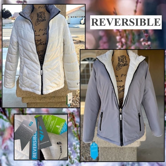 Free Country Reversible Wht Quilt Buter Pile Gray Smoth Puffer Jacket Sz XL NWT - Picture 1 of 7